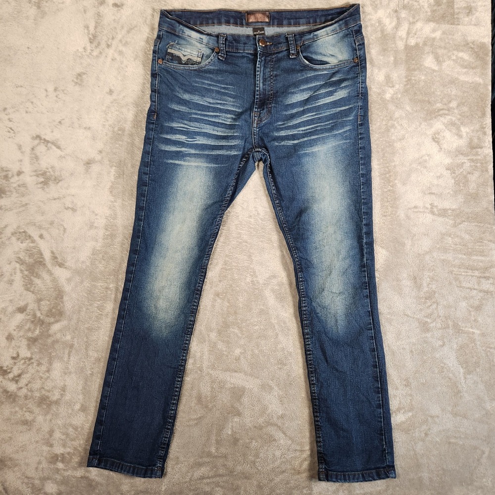 Steve's Jeans Men's 34x30 Blue Excellent Distressed Whiskered Stretch Denim